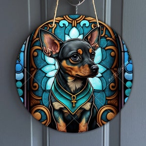 Chibi Miniatur Pinscher Faux Glasmalerei Zeichen, rund Min Pin Zeichen für Kränze, Hund Kunst Sublimation, Hundeliebhaber Geschenk, digitaler Download