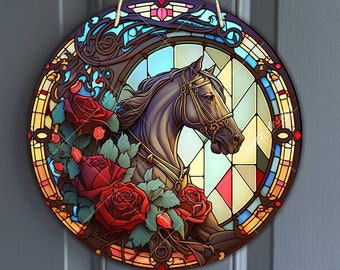 フェイクステンドグラスの競走馬のサイン、花輪用の丸いヴィンテージ