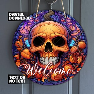 Pomarańczowa czaszka na Halloween i jesienne liście wieszak na drzwi | Czaszka z dyni na środek wieńca | Upiorne powitanie PNG, pobieranie cyfrowe
