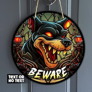 Beware of Dog Stained Glass Door Hanger, Growling Halloween Dog Sign for Wreath Center, Hell hound png, Digital Download