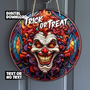 Scary Clown Face Faux Stained Glass Door Hanger - Halloween Spooky Clown Wreath Sign - Colorful Smiling Jester Digital Download