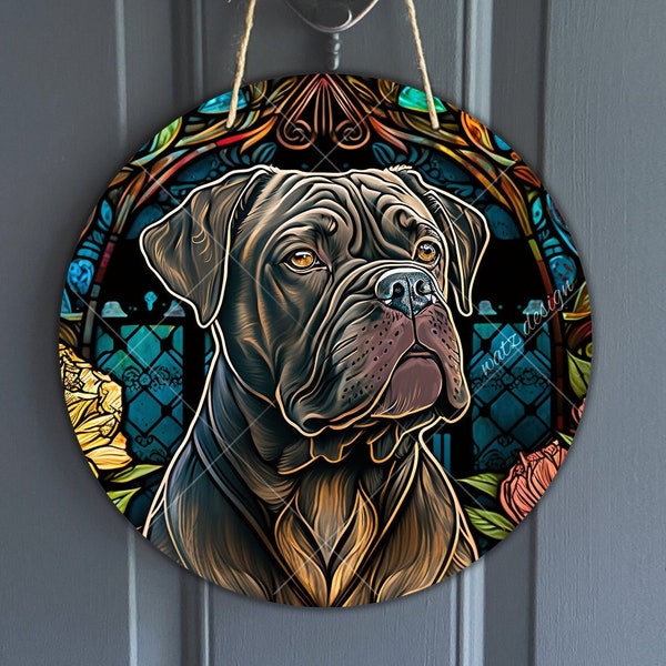 Faux Stained Glass Cain Corso Sign, Round vintage Italian Mastiff sign for Wreaths, Corso dog art sublimation, dog lover, digital download