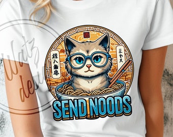 Send noods Cat Png, funny ramen cat Sublimation Design, hungry kitty eating noodles Png, silly cat with shades PNG, Digital Download