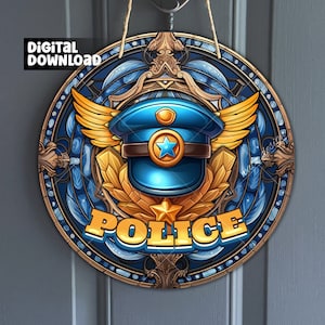 Distintivo de polícia de vitral falso vintage, medalha de polícia vintage com elementos patrióticos para coroa de flores, design de sublimação, download digital