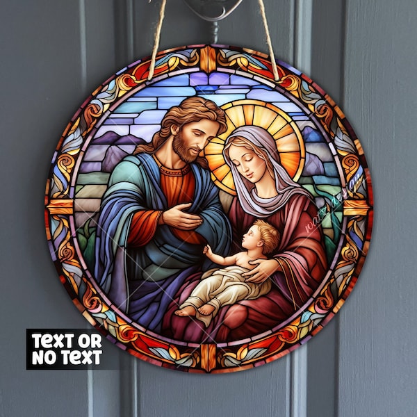 Faux Stained Glass Nativity Scene door Hanger Design, Birth of Jesus Sign for Wreath Center, Christian Sublimation Design - Digital Download