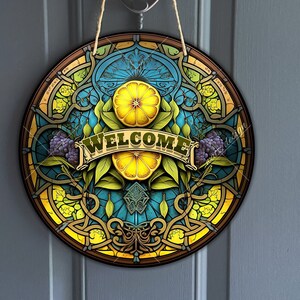 Round lemons Door Hanger Design, Sliced yellow fruit with vines and flowers Sign for Wreath center, sublimation design, digital download