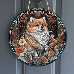 Faux Stained Glass Pomeranian Sign, Round vintage Pom Pom sign for Wreaths, Teddy Bear Dog art sublimation, dog lover, digital download