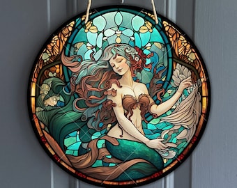 Conception de cintre de porte de sirène en faux vitrail - signe de sirène Art Nouveau pour le centre de couronne - conception de sublimation d&#39;art océanique - téléchargement numérique