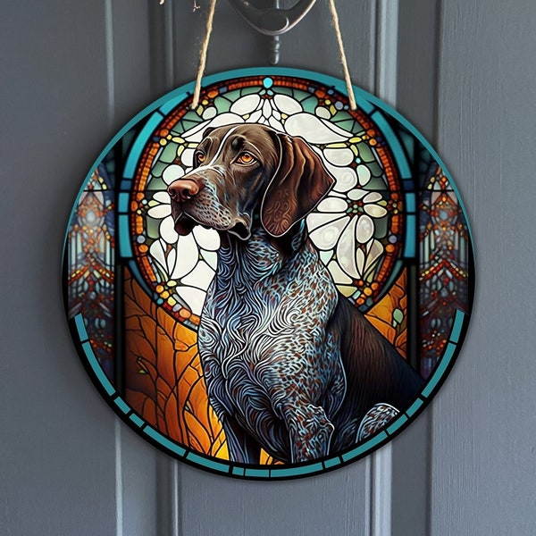 German Shorthaired Pointer Faux Stained Glass Sign, Round Vintage GSP Sign for Wreaths, Dog Art Sublimation, Dog Lover, Digital Download