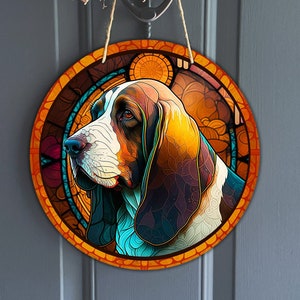 Faux Stained Glass Basset Hound Sign, Round Vintage Basset Sign for Wreaths, Dog Art Sublimation, Dog Lover, Digital Download