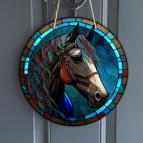 Faux Stained Glass horse Sign, Round blue horse sign for Sign for Wreaths, amazing pony art sublimation design, digital download