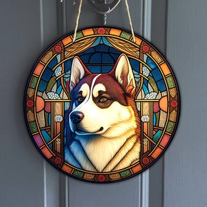 Faux Stained Glass Akita Sign, Round Vintage Akita Inu Sign for Wreaths, Dog Art Sublimation, Dog Lover, Digital Download