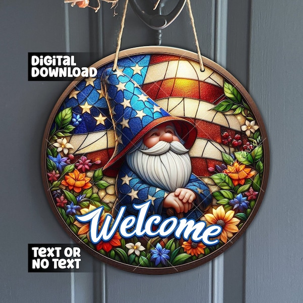 Faux Stained Glass Independence Day Gnome Round Sign - Gnome American Flg Sublimation PNG, Summer Gnome Welcome Sign, Digital Download