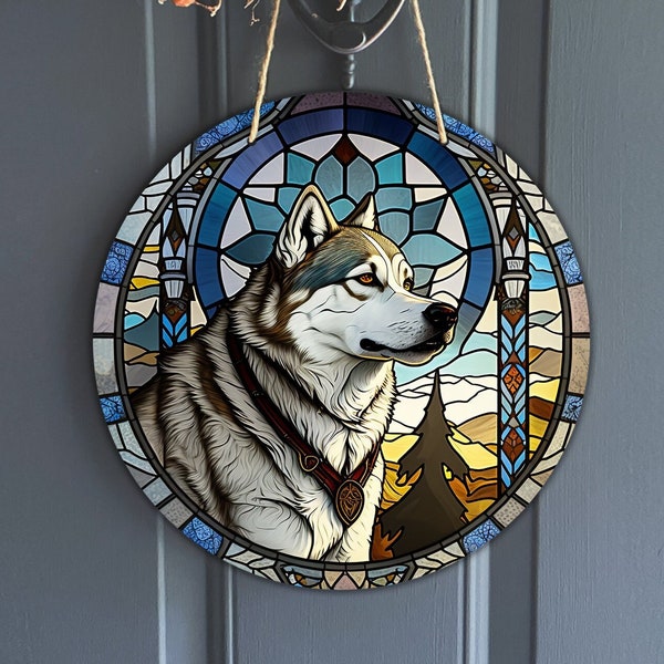 Alaskan Malamute Faux Stained Glass  Sign, Round Vintage Malamute Sign for Wreaths, Dog Art Sublimation, Dog Lover Gift, Digital Download