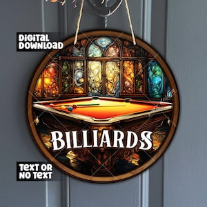 Faux Buntglas-Billard-Design, bunte Snooker-Kugeln und Queue für Kranz, klassisches Pool-Sublimations-Design, digitaler Download