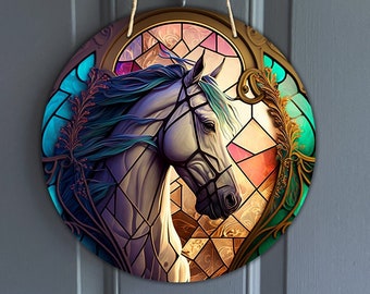 Faux Stained Glass blue mane horse Sign, easter color inspired horse for Sign for Wreaths, rainbow pony sublimation design, digital download