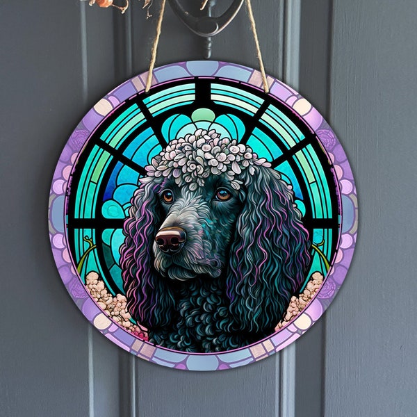 Faux Stained Glass Black Standard Poodle Sign, Round Vintage Standard Poodle Wreath Sign, Dog Art Sublimation, Dog Lover, Digital Download