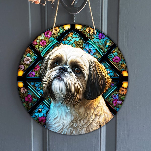 Faux Stained Glass Shihtzu Sign, Round vintage Blue Heeler sign for Wreaths, dog art sublimation, dog lover, digital download