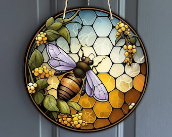 Faux panneau d’abeille en vitrail, signe rond de bourdon pour couronnes, abeille avec nid d’abeille, sublimation d’art apicole, cadeau amoureux des abeilles, téléchargement numérique