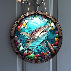 Vintage faux stained glass billiards Design, shark and snooker balls for wreath, underwater pool game sublimation design, digital download