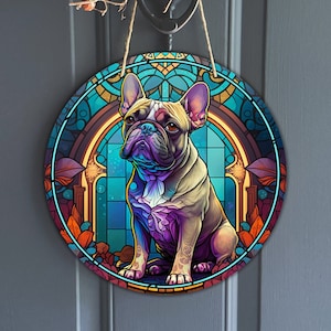 Vintage faux stained glass French Bulldog Design, Frenchie art for wreath, Bouledogue Francais Lover sublimation design, digital download