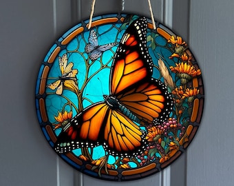 Monarch Butterfly Faux Stained Glass Door Hanger Design, butterfly Sign for Wreath center, nature art sublimation design, digital download