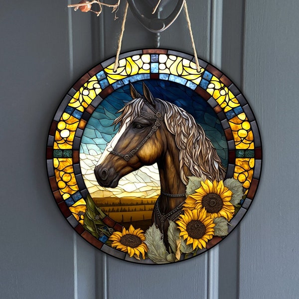 Faux Stained Glass horse Sign, Round sunflower horse sign for Sign for Wreaths, yellow flower pony art sublimation design, digital download