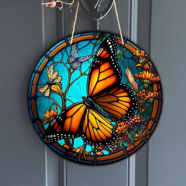 Monarch Butterfly Faux Stained Glass Door Hanger Design, butterfly Sign for Wreath center, nature art sublimation design, digital download