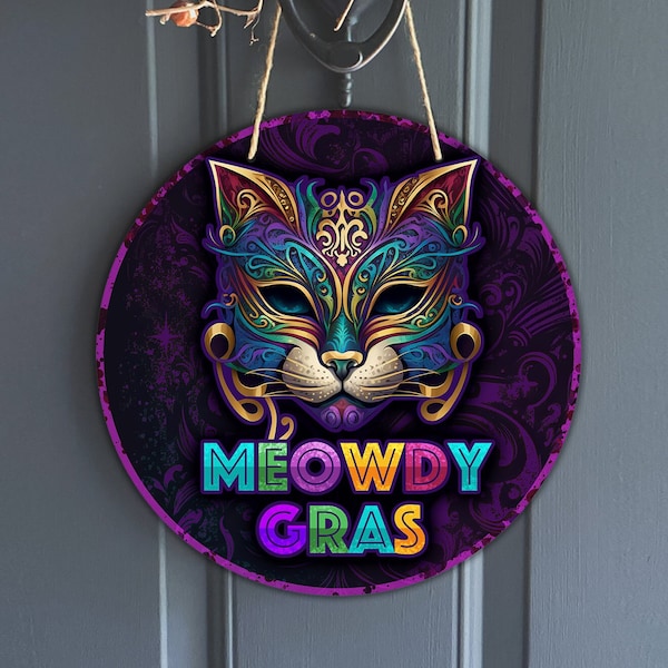 Retro Meowdy Gras Cat, Mardi Gras Feline Mask Design, Party Sign for Wreath Center, art nouveau Carnival Kitty Sublimation, Digital Download