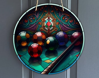 Vintage faux stained glass billiards Design, colorful snooker balls and cue for wreath, classic pool sublimation design, digital download