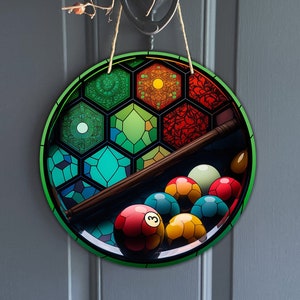 Vintage faux stained glass billiards Design, colorful pool balls with cue for wreath, classic snooker sublimation design, digital download image 1