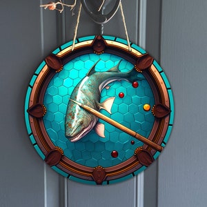 Vintage faux stained glass aquatic billiards Design, shark on pool table wreath, classic shark pool sublimation design, digital download