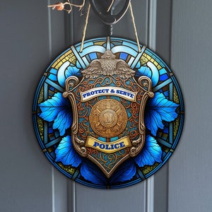 Vintage Polizei Abzeichen Buntglas Design, Florale PolizeiMedaille mit floralen Elementen für Kranz, Sublimation Design, digitaler Download