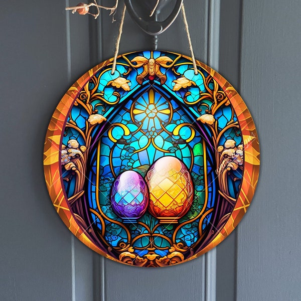 Faux Stained Glass vintage easter eggs Sign, Round Ornate Easter motif Sign for Wreaths, gold Fabergé eggs sublimation, digital download