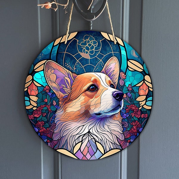 Faux vitrail Corgi Sign, Signe Corgi vintage rond pour couronnes, Sublimation d’art canin, Dog Lover, Téléchargement numérique