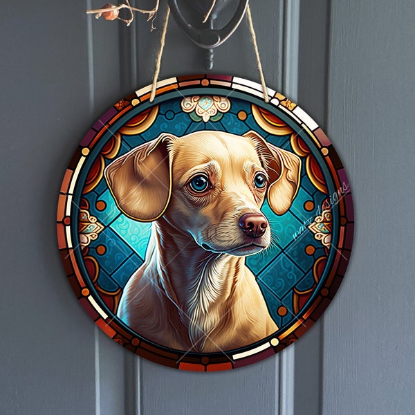 Faux Stained Glass Chiweenie Sign, Round vintage Doxihuahua sign for Wreaths, Sausage Dog art sublimation, Chipoo lover, digital download