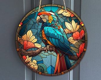 Faux Stained Glass Macaw Sign, Round Vintage Blue and Gold Macaw Sign for Wreaths, Bird Sublimation Art, Macaw Lover, Digital Download