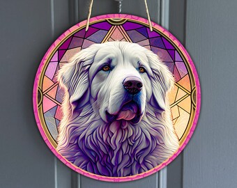 Faux Stained Glass Great Pyrenees Sign, Round Vintage Pyrenees Sign for Wreaths, Dog Art Sublimation, Dog Lover Gift, Digital Download
