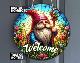 Faux Stained Glass Easter Gnome Round Sign - Gnome and easter eggs Sublimation PNG, Spring Gnome Welcome Sign, Digital Download