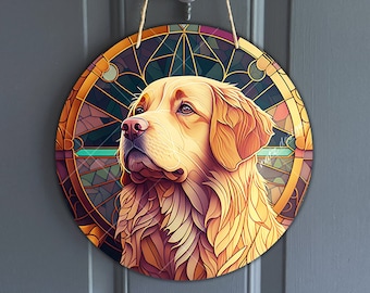 Faux Stained Golden Retriever Sign, Round vintage Goldie dog sign for Wreaths, Golden k9 art sublimation, yellow dog lover, digital download