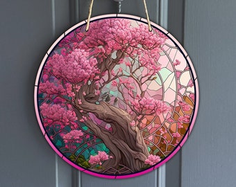 cherry blossom Faux Stained Glass Door Hanger Design, Pink flower tree Sign for Wreath center, tree art sublimation design, digital download