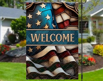 Welcome Faux Stained Glass American Flag Garden Flag | Patriotic Art Design Template | Digital Download