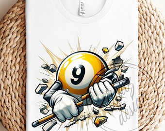 9 Ball Breaking Pool Cue Design | Dynamic Billiards Art, Pool Lover Sublimation PNG, Fun Sports Illustration, Digital Download