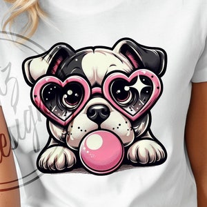 Cute Bulldog with Heart Sunglasses Bubblegum Digital Download - Retro Dog Sublimation PNG - Vintage T-Shirt Design - Funny Pet Art