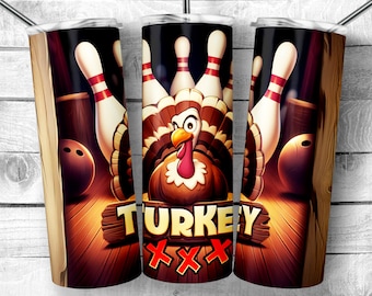 Cute Bowling Turkey 20oz Skinny Tumbler Sublimation Design, turkey and three stikes Template Wrap, cartoon bowling gobbler, Digital Download