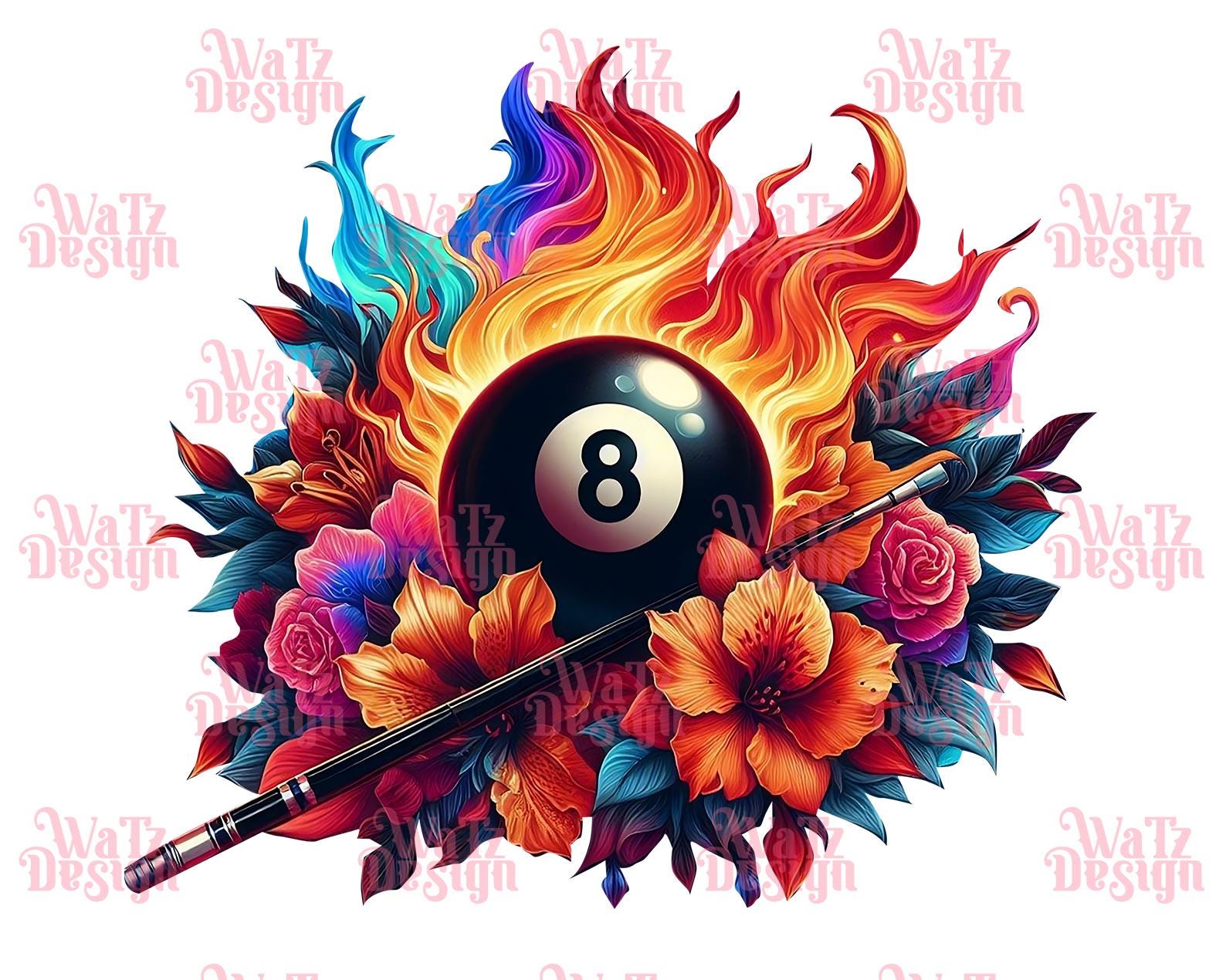 Flaming 8 Ball Floral Billiards PNG, Pool Ball Sublimation Design ...
