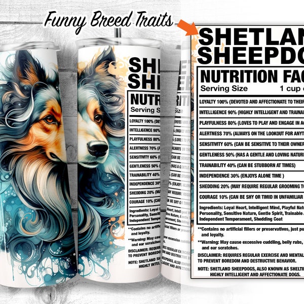 Shetland Sheepdog 20oz Skinny Tumbler Design, Sheltie Dog Facts, Miniature Collie Traits, Dog Ingredient, Sublimation Wrap, Digital Download