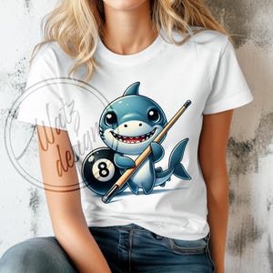 Cute pool shark character Png, Billiards themed baby shark Sublimation Design, Snooker art cartoon grey shark illustration, Digital Download