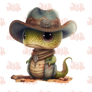Süße Cowboy Eidechse PNG - Western Baby Reptil Sublimation Design, Big Eye Cartoon Gecko Illustration, Digitaler Download für Drucke