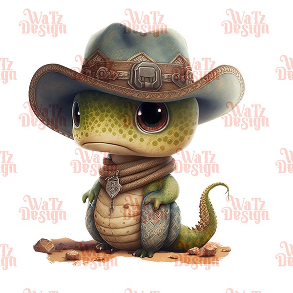 Cute Cowboy Lizard PNG - Diseño de sublimación de reptiles bebés con temática occidental, ilustración de gecko de dibujos animados Big Eye, descarga digital para impresiones